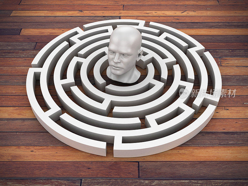 圆形迷宫与人的头- 3D渲染